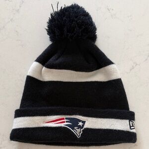 Navy and White Striped Patriots Pom Beanie